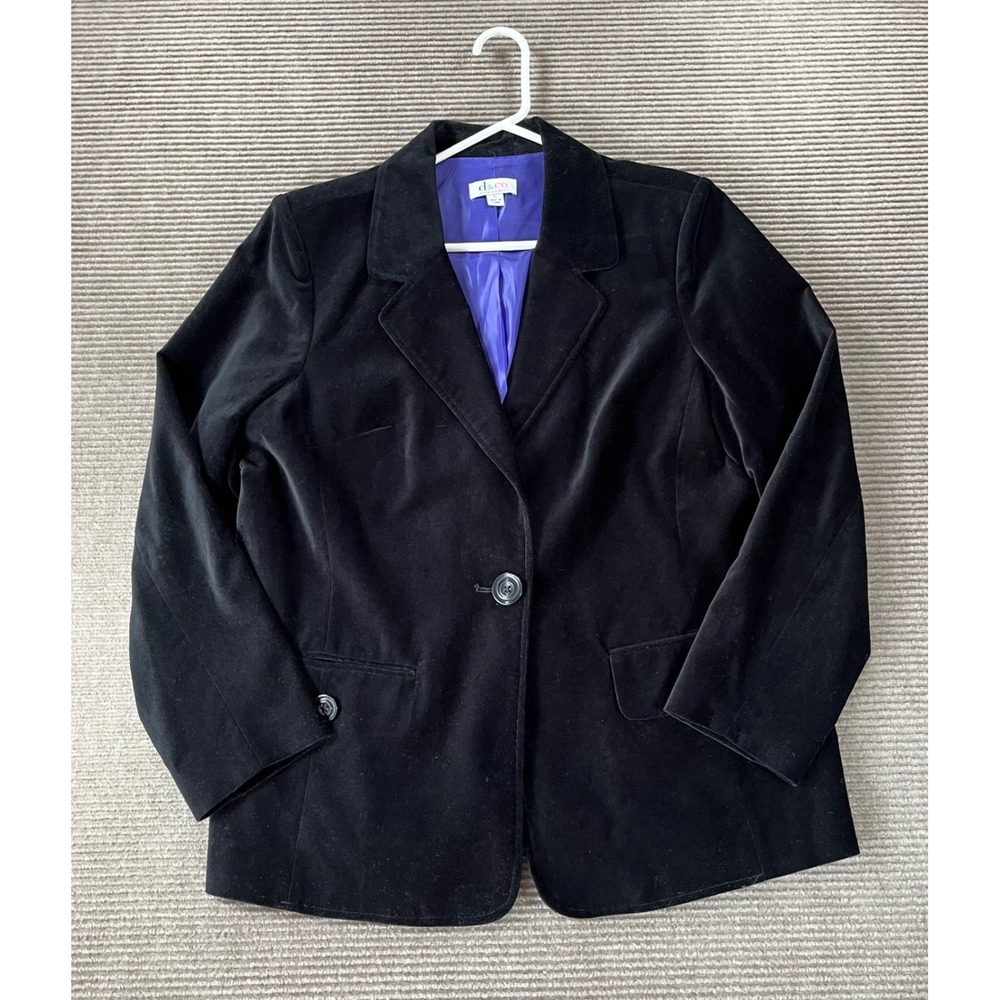 Denim & Co Womens Black Cotton Velvet Blazer Jacket Purple Lining Size L